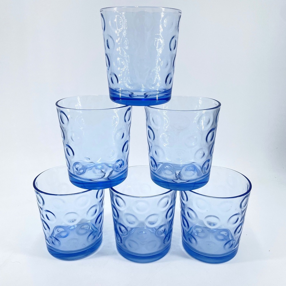 Pasabahce Cirque Blue Bubble Circle Ring Glasses Set of 6 Rocks Tumblers 4in